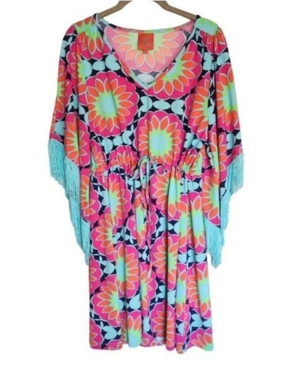 TRACY NEGOSHIAN VINTAGE 70s VIBE FRINGE SLEEVE V NECK DRESS MEDIUM LIKE NEW!